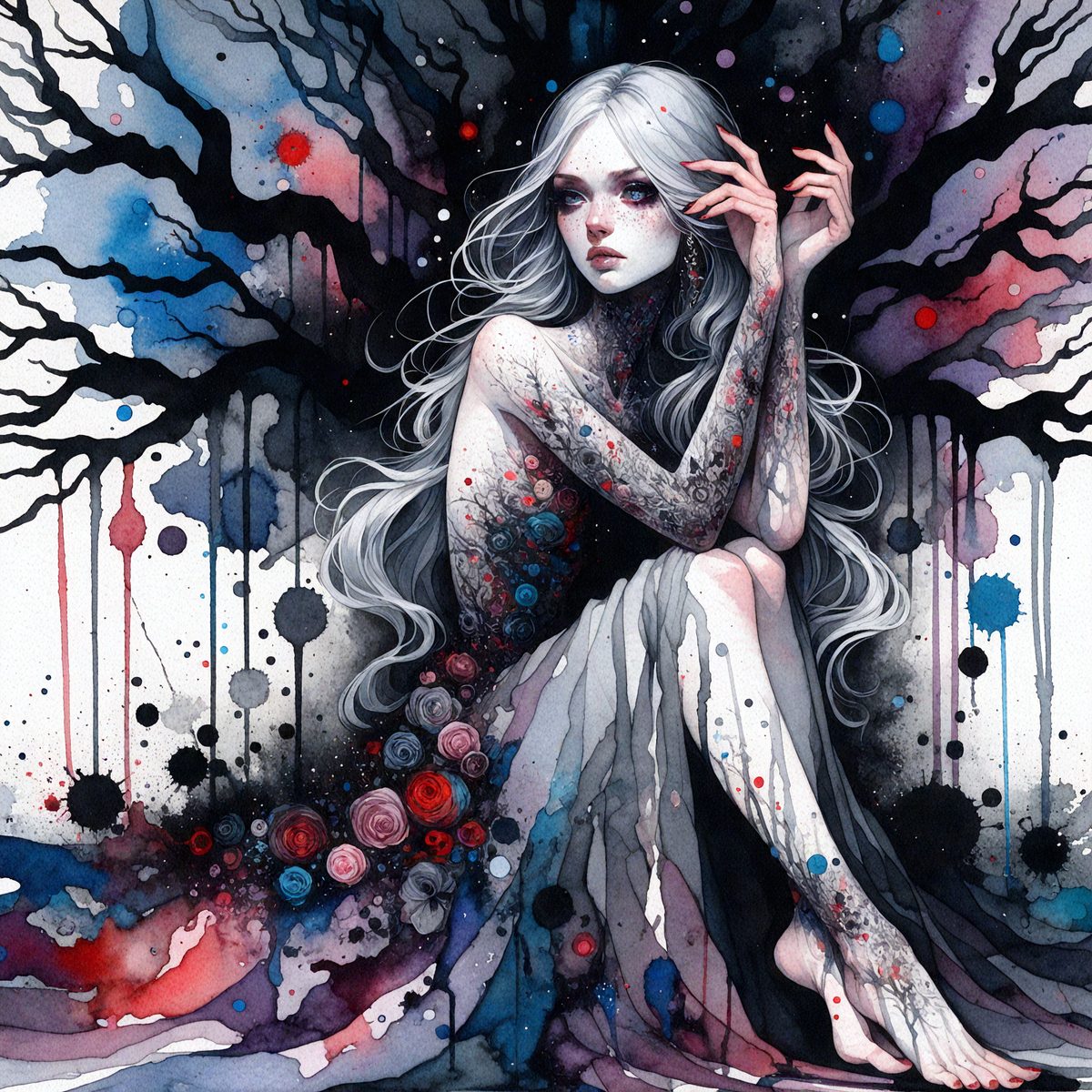 The primary subject of the image is a woman with long hair, sitting on the ground and looking up. She is wearing a dress and has a tree tattoo on her arm. The setting is a forest, with a tree in the background. The visual style is a combination of digital art and illustration, creating a surreal and artistic atmosphere. The colors are predominantly dark, with the woman's dress being the main source of color. The mood of the image is contemplative and mysterious.